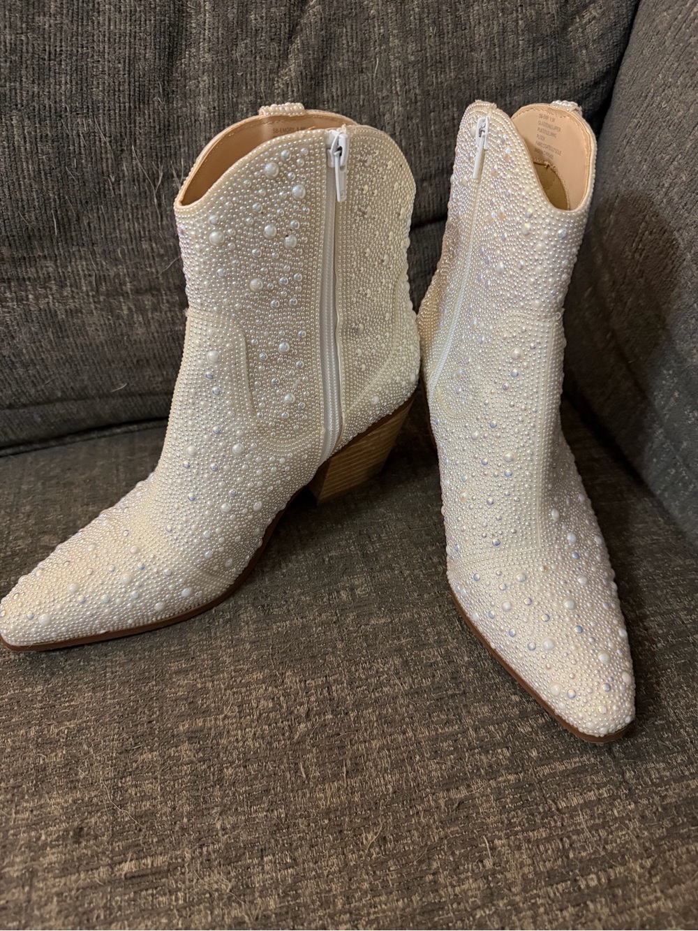 Women’s Cream Embellished Pearl Ankle Boots - Picture 2 of 6